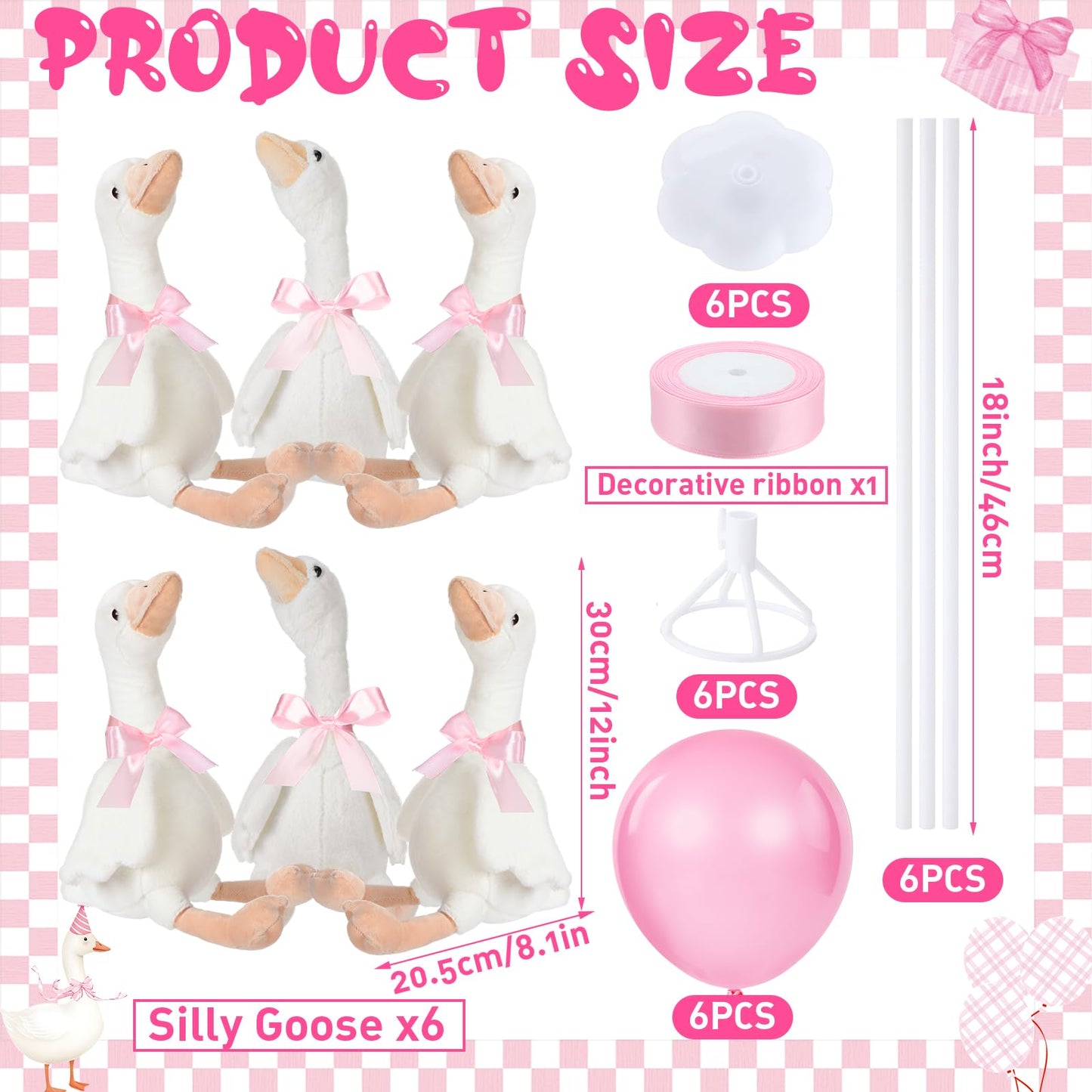 Chunful 6 Sets Pink One Silly Goose 1st Birthday Decoration 11.8 Inch Soft Goose Stuffed Animal Birthday Centerpieces Swan Stuffed Animal with Balloon Table Decor for Gifts