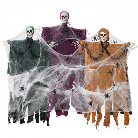 3 Pcs 39'' Halloween Decoration Hanging Grim Reapers with 1000 Sqft Spider Webs 60 Spider 3 Chain Halloween Skeleton Ghost Decor Scary Haunted House Prop Outdoor/Indoor(Horror Color)