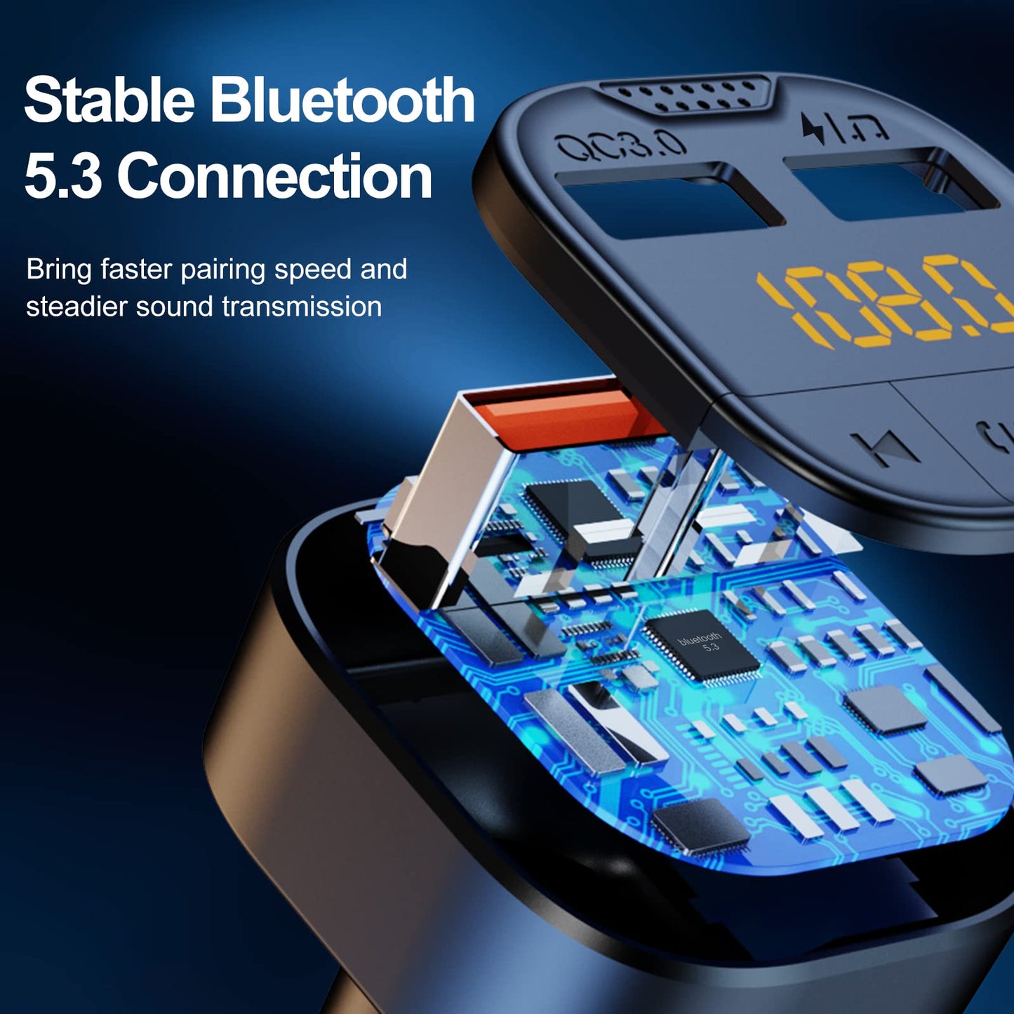 Bluetooth Adapter for Car，Bluetooth FM Transmitter for Car,MP3 Player QC3.0 Quick Charge for All Smartphones Audio Players，Supports TF/SD Card and USB