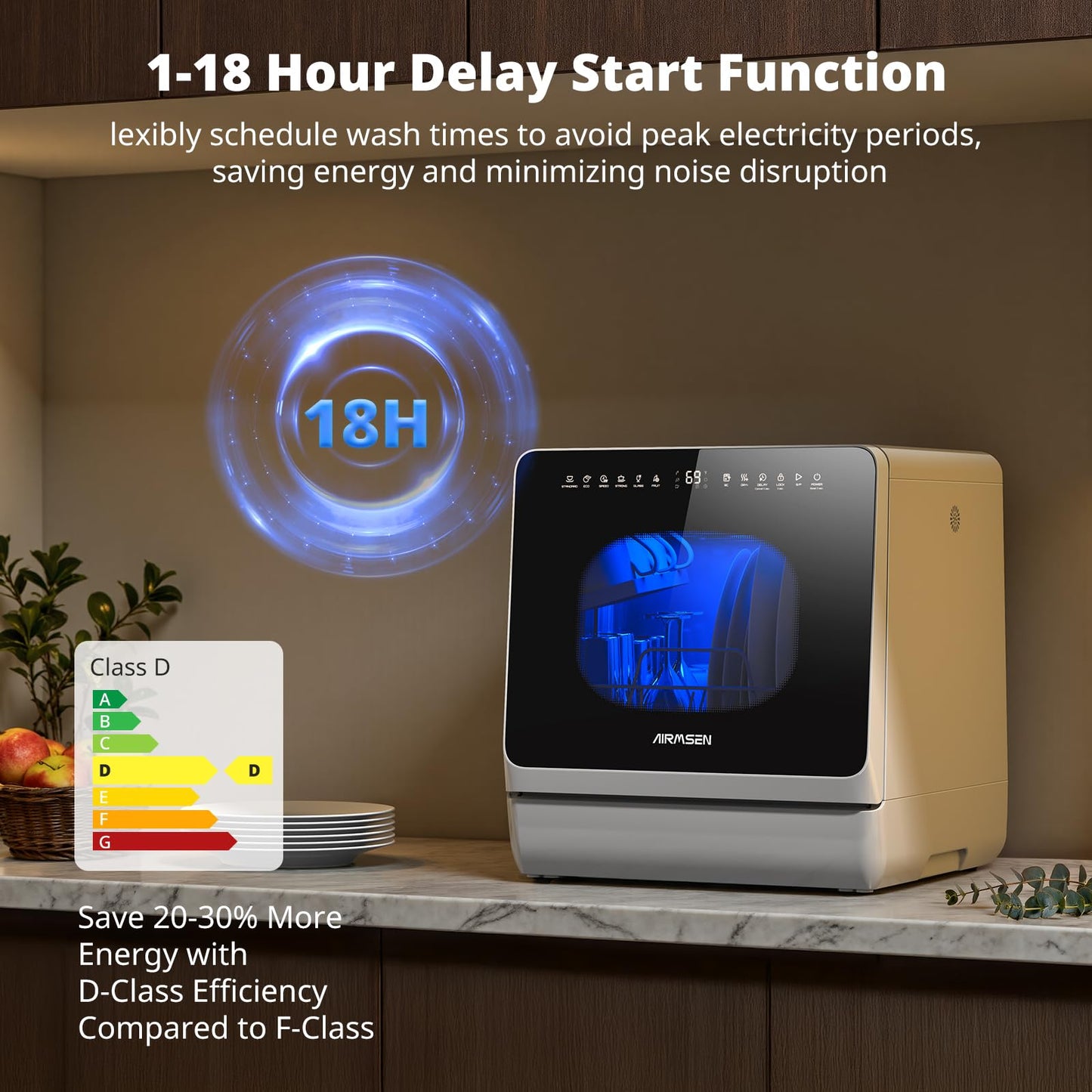 AIRMSEN Countertop Dishwasher - 8 Wash Programs and 3 Useful Function, Integrated Water Softener, Delayed Start, Child Lock, No Hookup Needed, Portable Mini Size for Home, Apartments & RVs