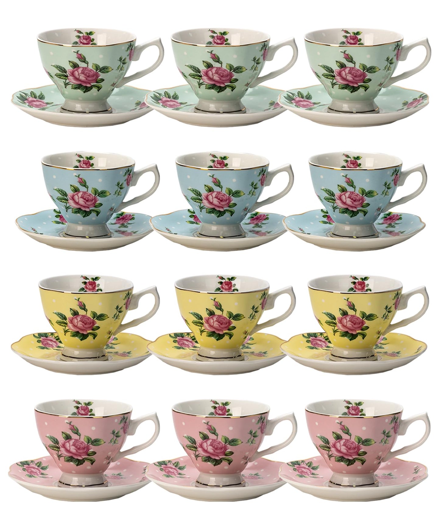 BTaT- Floral Tea Cups and Saucers, Set of 12, 8 oz, Fine Porcelain Teacup Set with Gold Trim for Afternoon Tea, Weddings, Parties & Gifting, Dishwasher Safe, Lightweight, Non-Toxic, Mothers Day Gift