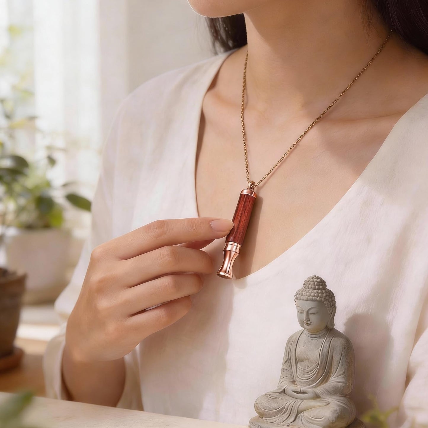 BOLAGTIER Mindful Breathing Necklace: Natural Wood Fidget Charm for Anxiety Relief & Quit Smoking Aid, Stainless Steel Sensory Pendant to Calm Your Mind (Rose Gold)