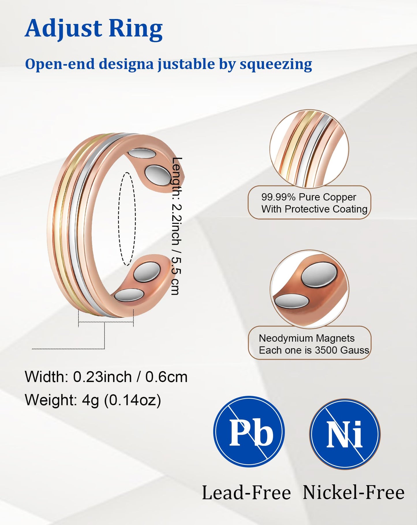 MagSølv 2PCS Copper Rings for Women, 99% Pure Copper Adjustable Magnetic Ring with 3500 Gauss, Tricolor Gold Jewelry Gift