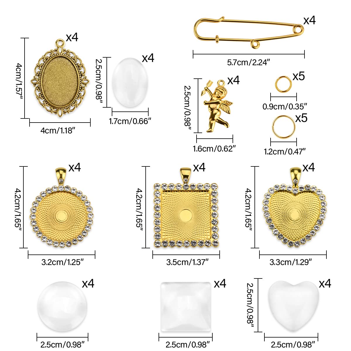 50PCS Wedding Bouquet DIY Photo Charm Rhinestone Pin Brooch Making Kit Memorial Picture Charm with Clear Glass Cabochons Cupid Pendant Jump Rings for Craft Jewelry Making