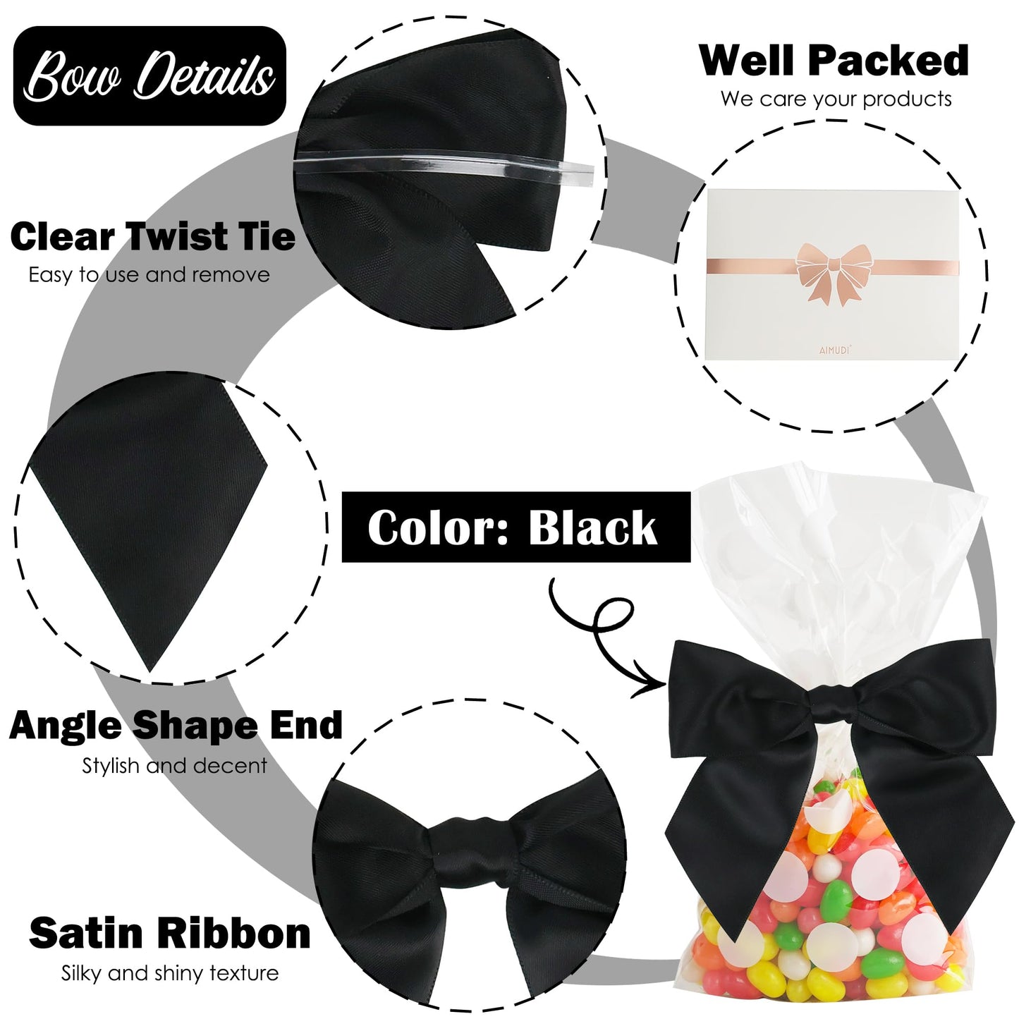 AIMUDI Black Satin Ribbon Twist Tie Bows for Treat Bags 4.5" Pre-Tied Black Bows for Christmas Tree Black Ribbon Bows for Crafts Premade Bows for Gift Wrapping Baby Shower Party Favors - 36 PCs