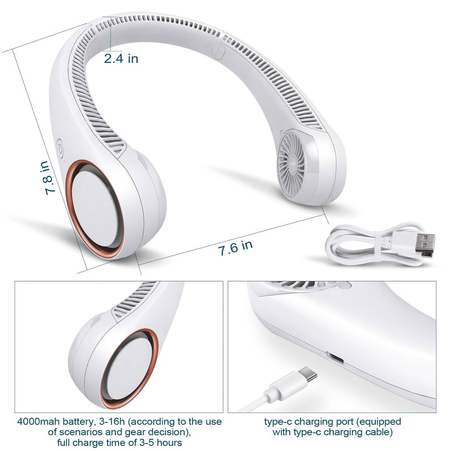 CIVPOWER Neck Fan: Portable Personal Neck Cooling Rechargeable Bladeless Fan - Hands Free 3 Speed 4000 mAh Battery USB Operated Wearable Headphone Design - Gift for Men Women Outdoor (White)