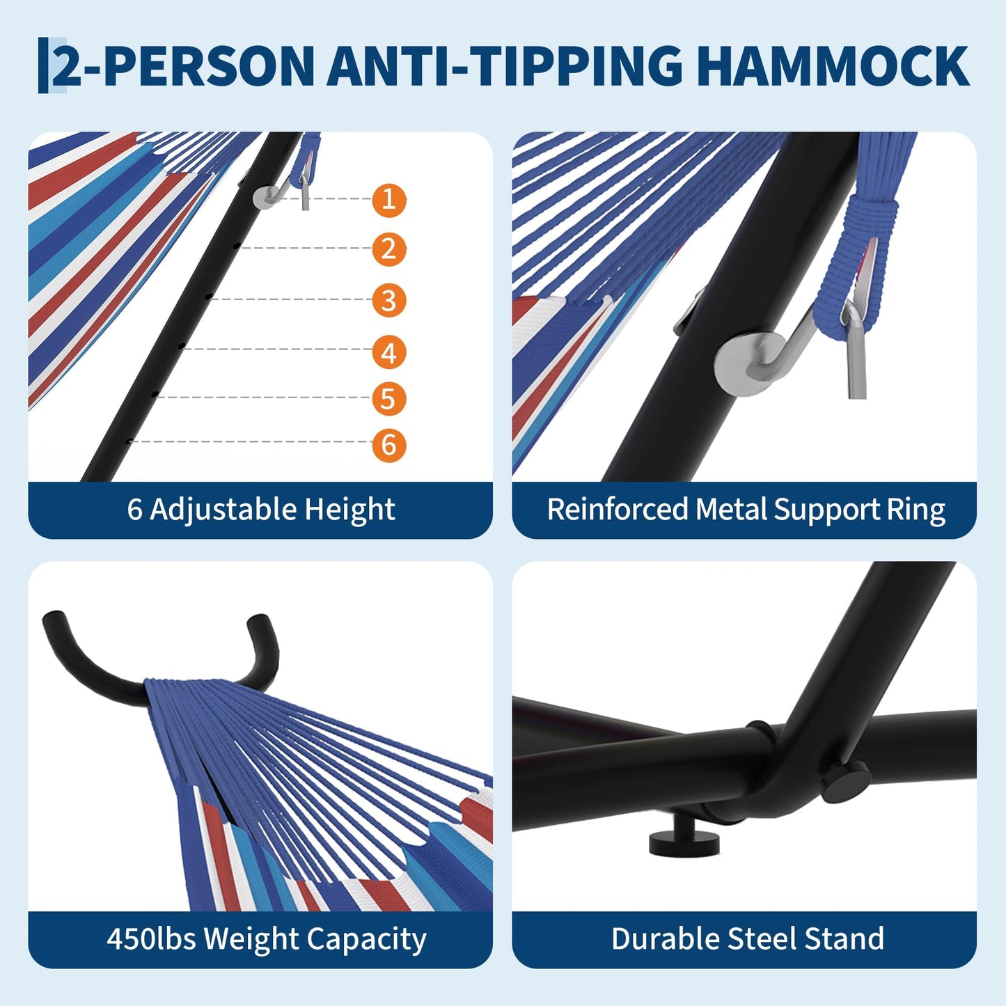 Double Hammocks with Stand for Outside, Portable Space Saving Heavy-Duty Steel Stand for Indoor Outdoor Patio with Carrying Bag, 450 lbs Capacity