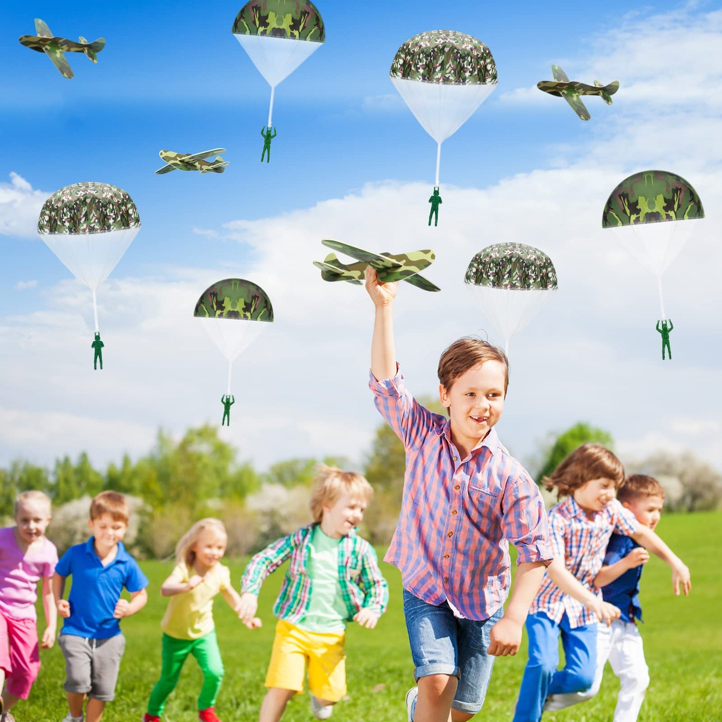 Jerify 20 Pcs Parachute Toys and Camouflage Foam Airplanes Set, Parachute Army Men Toys for Kids Army Hand Throwing and Foam Glider for Boys Gifts Outdoor Party Favors (Camouflage)