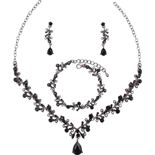 3Pcs Austrian Crystal Jewelry Set for Women, Necklace Dangle Earrings Link Bracelet Jewelry Set with Gold/Platinum/Gun Plated, Wedding Party Jewelry for Bridal Bridesmaid (Black-Gun Black)