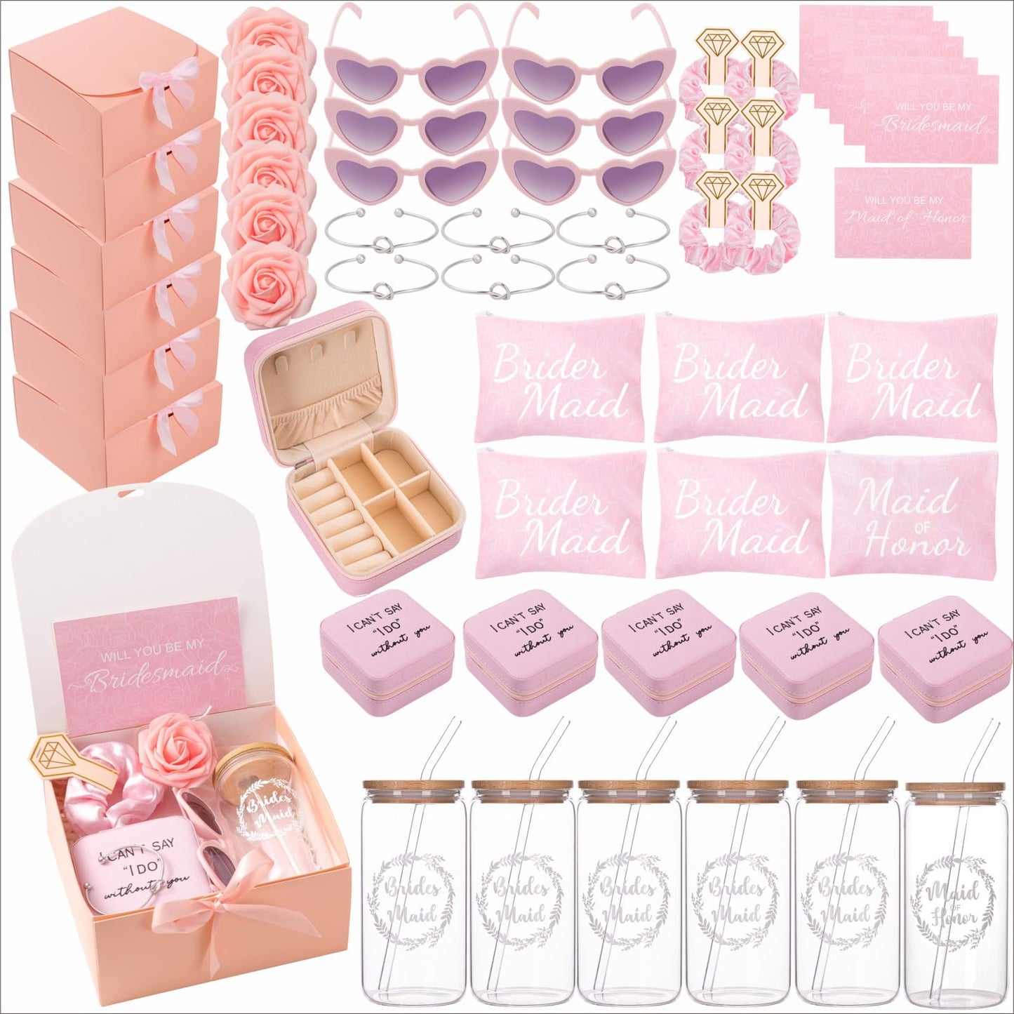 6 Sets Pink Bridesmaid Proposal Gifts, Maid of Honor Gift Includes Wedding Gift Box Jewelry Box Makeup Bag Bracelet Foam Flower Invited Card Glasses Cup Hair Tie for Bridal Shower Bachelorette Party