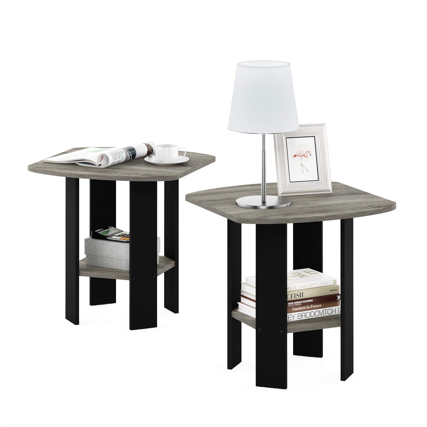 Furinno SIMPLE DESIGN Side Table Set of 2, 2-Tier Modern End Table with Soft Edges, Open Shelves Night Stand, Bedside Table, for Living Room, Bedroom, French Oak