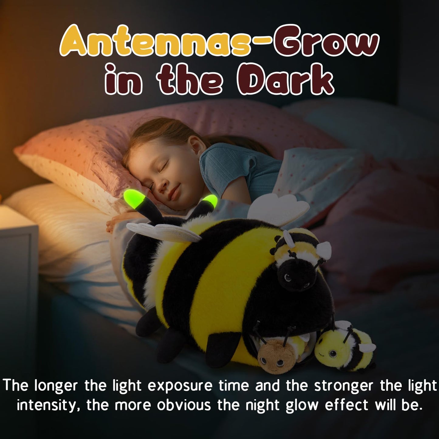 MorisMos 4Pcs Bee Stuffed Animal with Baby Inside 15 Inch, Luminous Mommy Stuffed Bee Plush Toy Set, Cute Bumblebee Surprise Toys Gift for Kids Girls Boys Birthday, Glow in The Dark