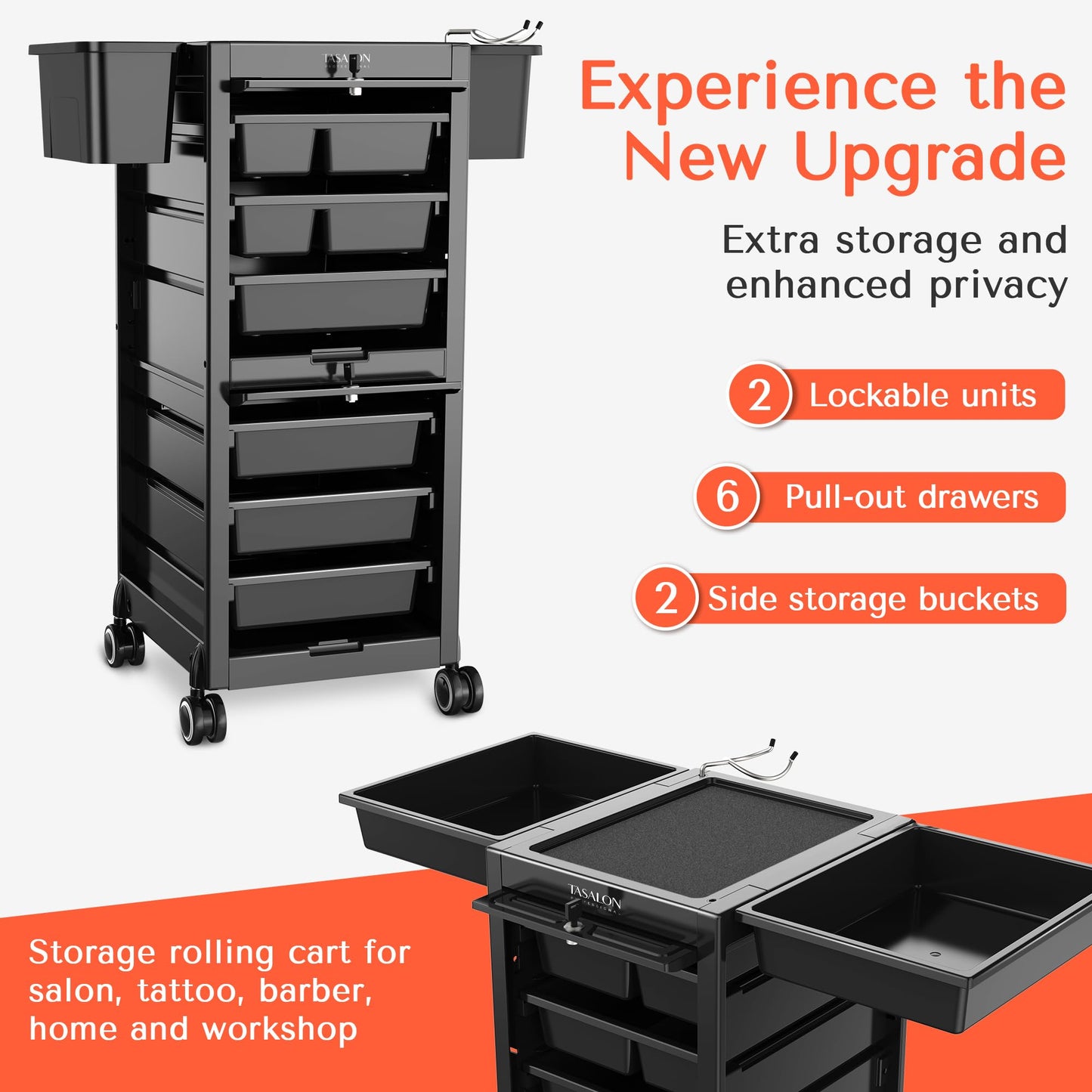 TASALON Premium Lockable Salon Trolley with Wheels and 6 Drawers & 2 Bucket, Versatile Salon Cart for Hair Stylist, Tattoo, Barber