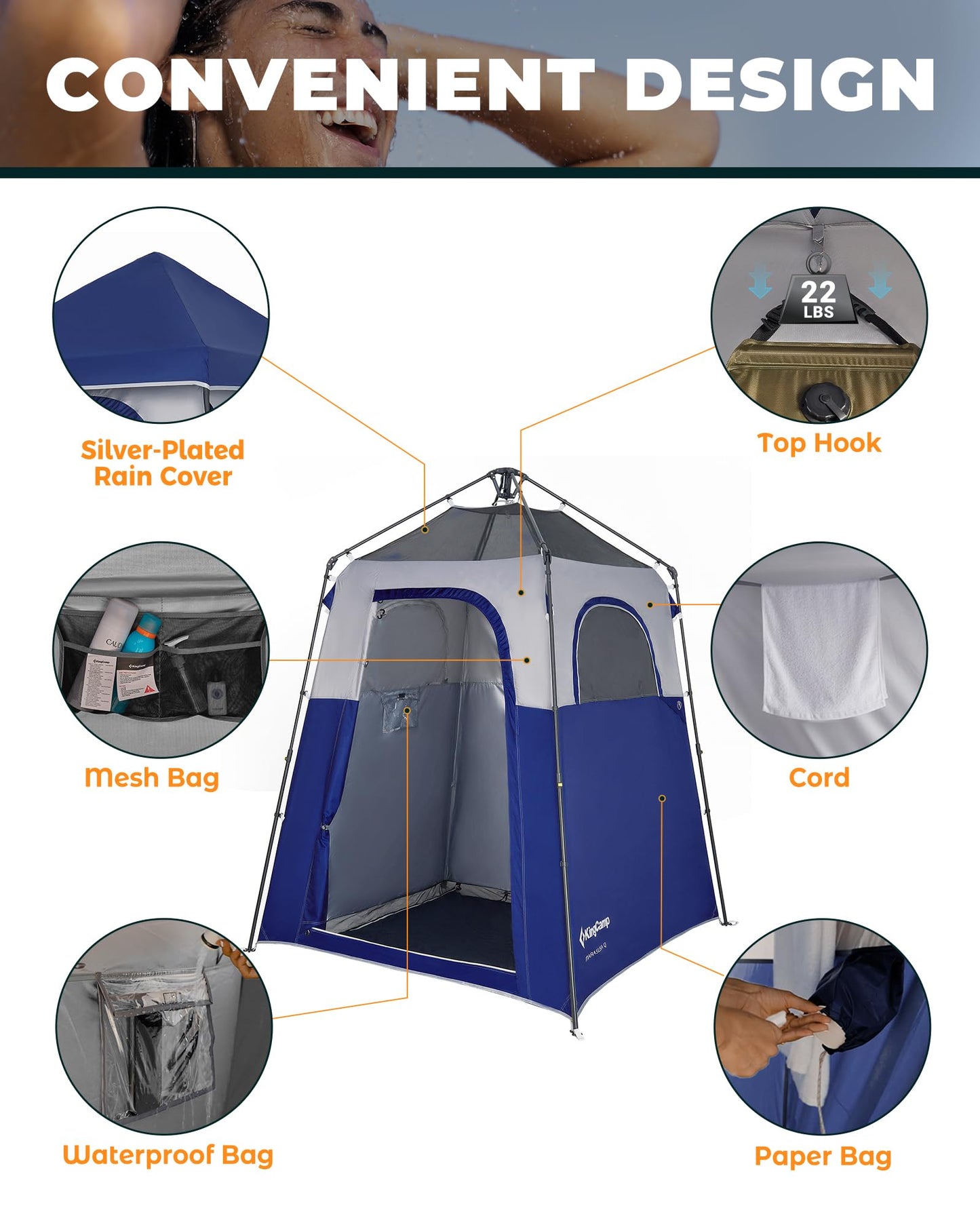 KingCamp Instant Shower Tent, Portable Superior Stable Privacy Shelter, Large Room Outdoor Toilet Tent with Floor for Beach, Camping & Hiking, Setup in Under 60s