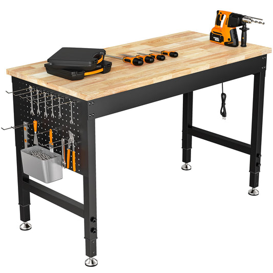 CAMMOO 48" Adjustable Heavy Duty Workbench, 2000 LBS Load Capacity Rubber Wood Work Table with Pegboard, Power Outlets, Work Bench for Garage, Workshop, Office, Home, Commercial