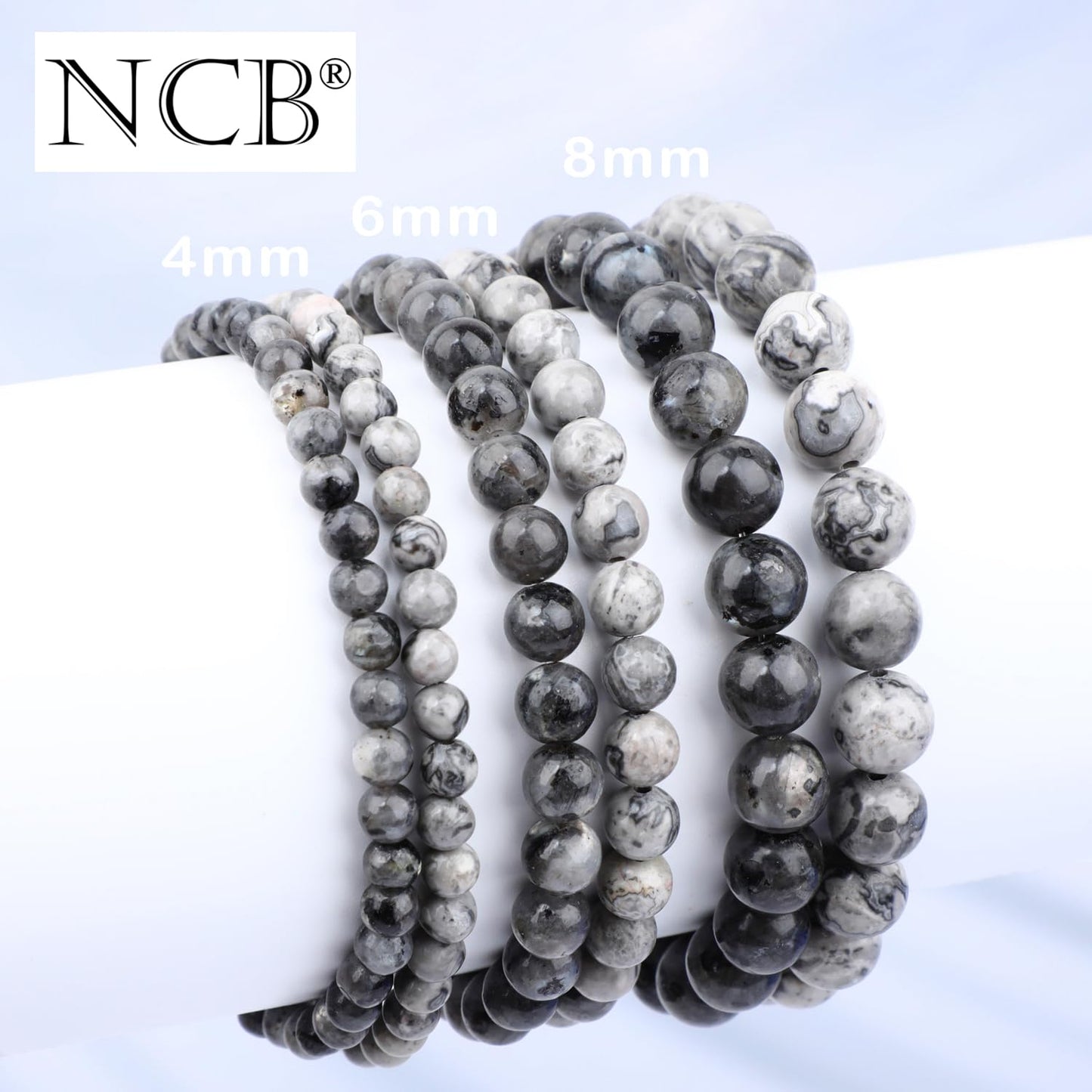 NCB 2-Piece 4mm Natural Crystal Gemstone Stretch Bracelets – ﻿Black Larvikite, Map Jasper Handmade Reiki Energy Healing Jewelry for Meditation,Yoga, Unisex