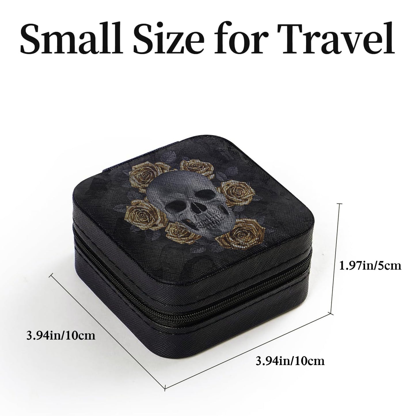 Artinhand Black Skull with Gold Roses Small Travel Jewelry Case with Mirror Portable Black PU Leather Box Earrings Necklaces Rings Bracelets Storage Organizer Gift for Women And Girls