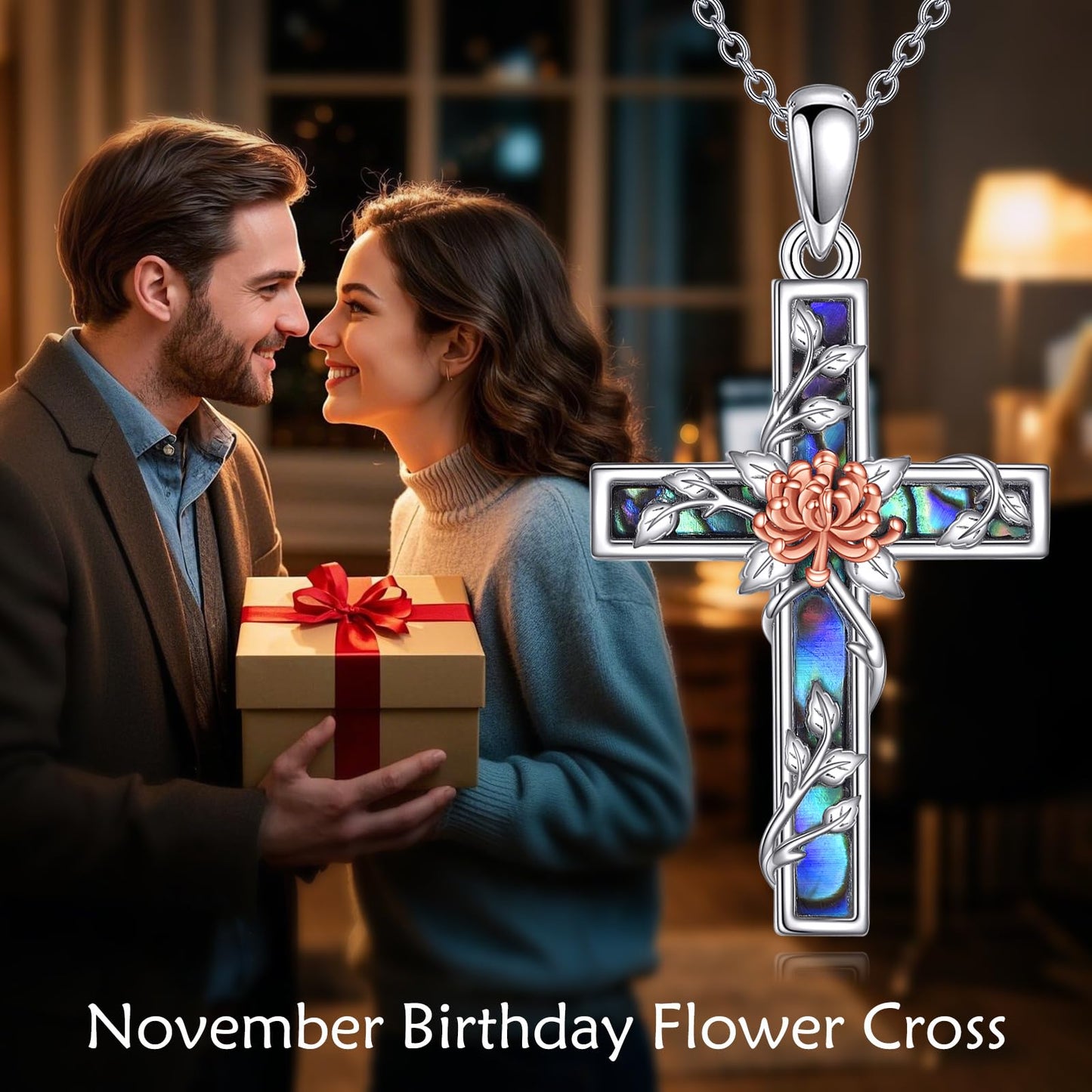 YFN Chrysanthemum Cross Necklace Sterling Silver Flower Cross Pendant Abalone Shell Jewelry Religious Christian Baptism Gifts for Her Women