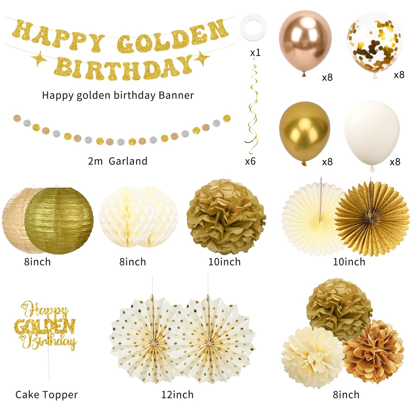 Golden Birthday Party Decorations,Gold Birthday Decorations with Happy Golden Birthday Banner,Paper Lanterns,Tissue Pom Poms,Fan,Gold Cream Balloons for Women Men,Photo Backdrop Decor,Gold Party