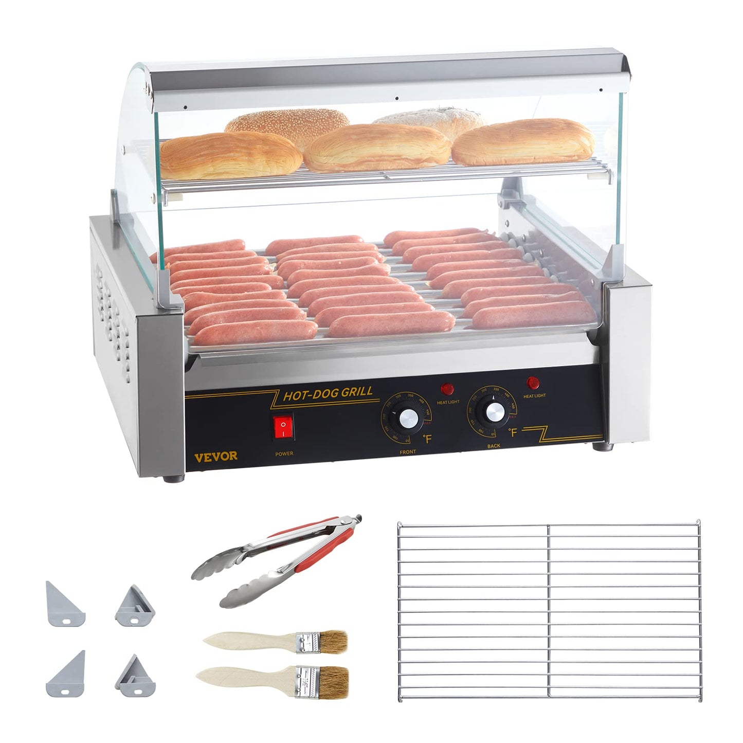 Happybuy Hot Dog Roller, 11 Rollers for 30 Hot Dogs, 1650W Stainless Sausage Grill with Dual Temp Control & Acrylic Cover