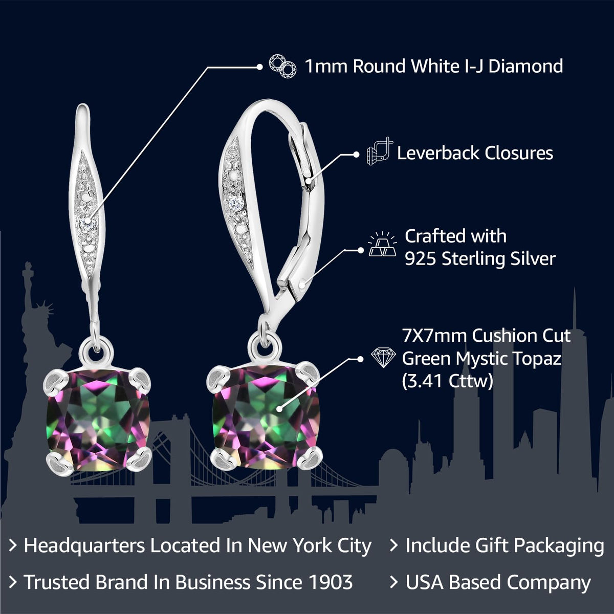 Gem Stone King Drop Dangle Earrings For Women | 7MM Cushion Cut Gemstone Birthstone and Diamond | 925 Sterling Silver | Jewelry Gift for Mom Wife Her | Green Mystic Topaz | Sterling Silver