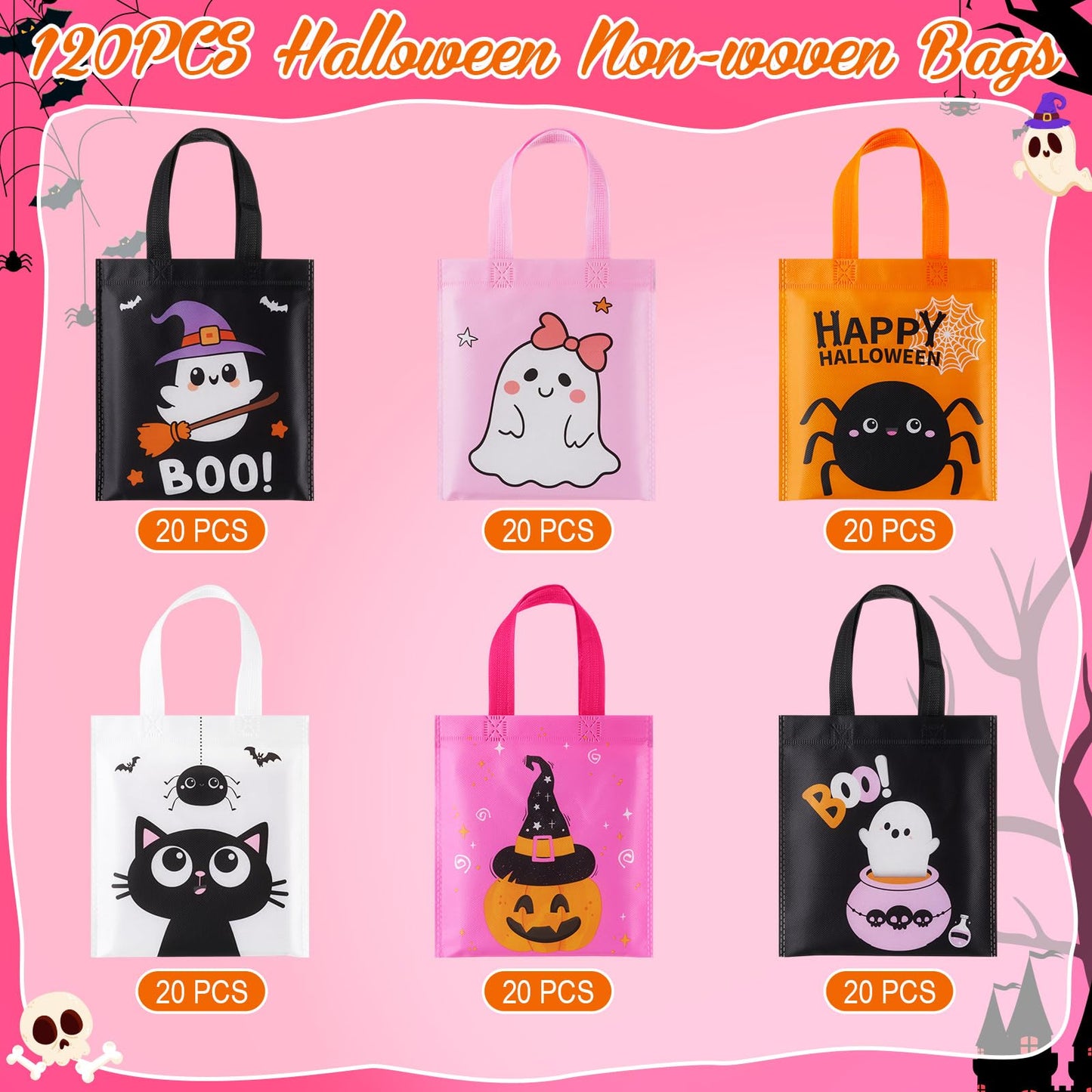 Sweetude 120 Pcs Easter Tote Bags Bulk with Handles Bunny Reusable Party Non Woven Treats Goodie Bags for Easter Party Supplies(Boo)