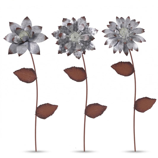 Topadorn 3-Pack Glow-in-the-Dark Metal Flower Garden Stakes, 14" Weatherproof Outdoor Plant Picks, Rustic Yard Art for Lawn & Patio