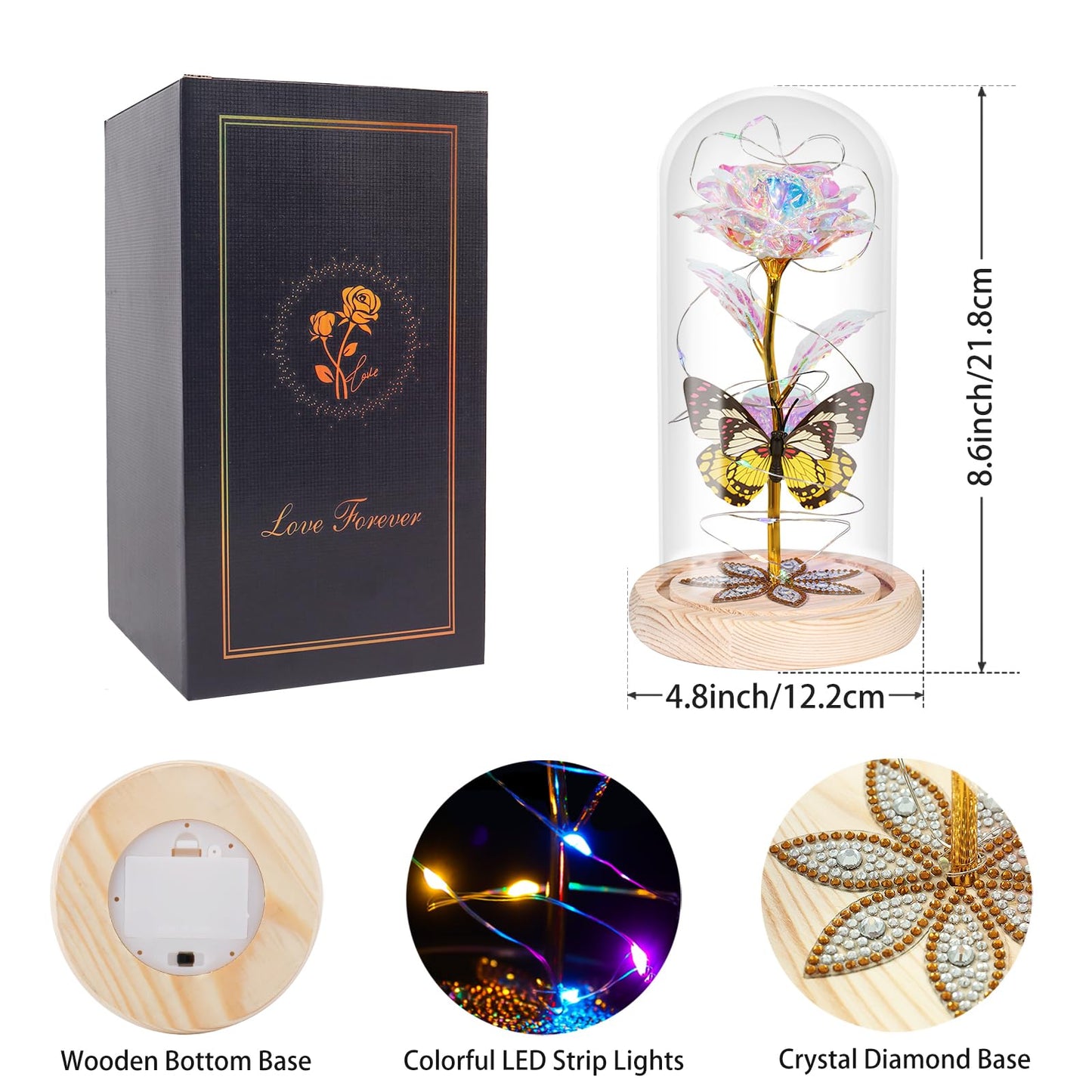 Beferr Birthday Gifts for Women Galaxy Glass Rose Forever Preserved Flowers for Delivery Light Up Rose in Glass Dome Mothers Day Butterfly Gifts for Mom Wife Grandma Her Daughter Girlfriend