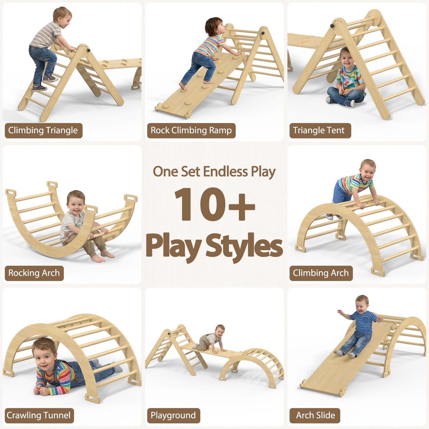 CMFYDAILY Large Pikler Triangle Set, 7-in-1 Toddler Climbing Toys Indoor, Wooden Montessori Climbing Set with Arch Ramp Ladder, Foldable Baby Jungle Gym Playground (Wood Natural)