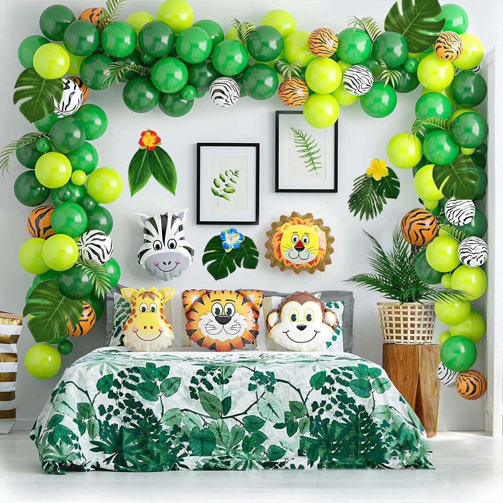 WEISPARK 105Pack Artificial Palm Leaves Hibiscus Flowers Tropical Party Decorations Supplies - 7 Kinds Fake Monstera Leaf for Safari Jungle Hawaiian Birthday Luau Party Theme Table Decor