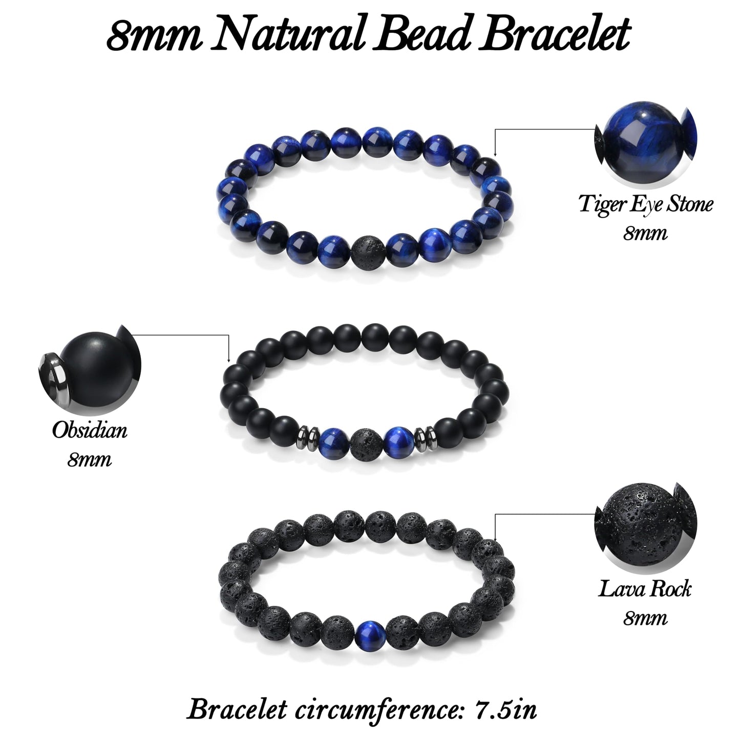 XIANNVXI Mens Blue Crystal Beads Bracelet 3PC Blue Black Stone 8mm Bead Bracelets Set for Men Stretch Lava Rock Obsidian Black Crystal Beaded Bracelet for Mens