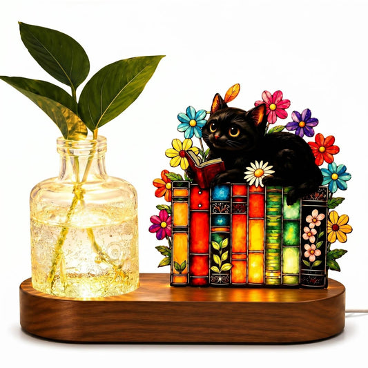 Lewtemi Cat Flower Vase Set Includes Glass Propagation Station Colored Acrylic Sign Wooden Bass Cute Terrarium Set for Desktop Windowsill Decor, Gifts for Cat Lovers(Flowers)