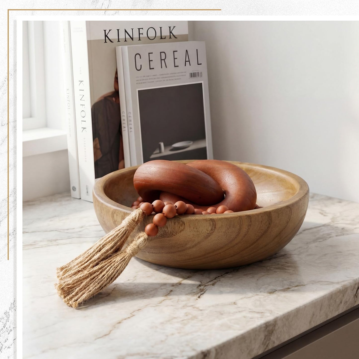 Novabright Farmhouse Wooden Decoration Set, Wooden Handmade Bowl, Chain, Beads, Suitable for Home, Bohemian, Coffee Table, Bedroom, Bathroom(Brown)