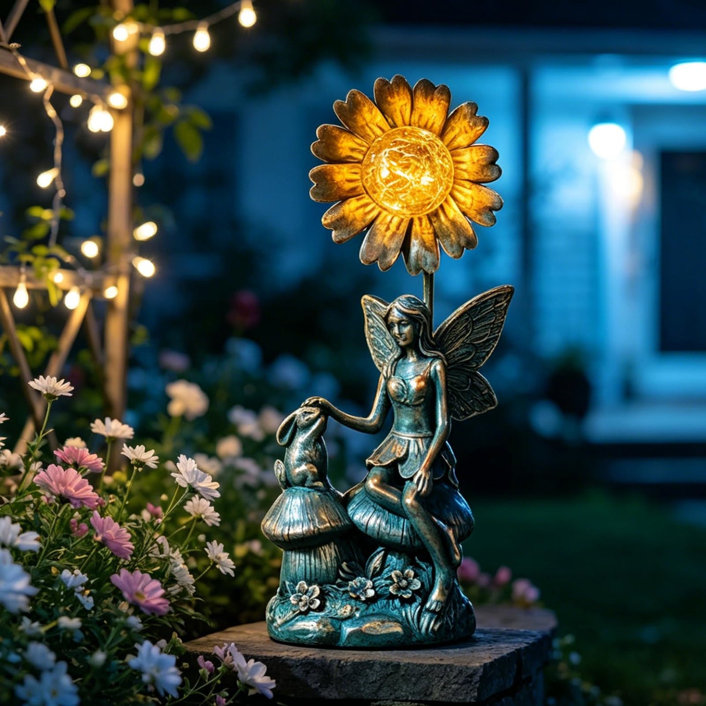 LIFESEEK Garden Solar Fairy Statue - Mushroom Seat, Touching Rabbit, Iron Flower Glass Ball, Whimsical Outdoor Ornament