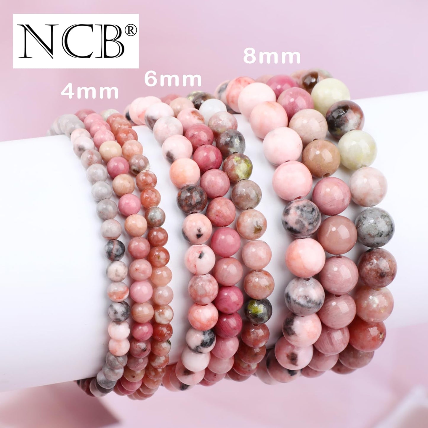 NCB 3-Piece 4mm Natural Crystal Gemstone Stretch Bracelets – ﻿Rhodochrosite, Pink Zebra, Pink Black Rhodonite Handmade Reiki Energy Healing Jewelry for Meditation,Yoga, Unisex