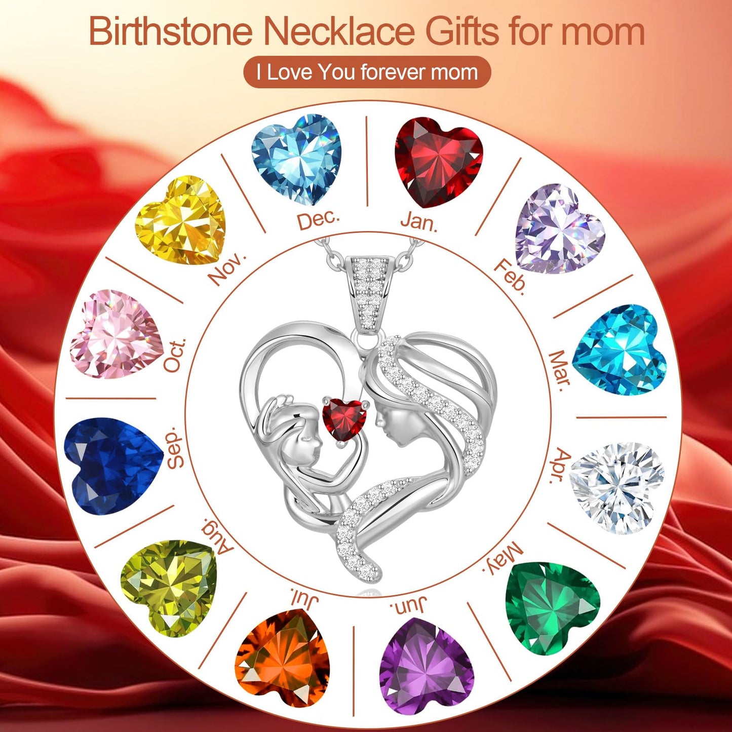 Zifeel Mothers Day Gifts for Mom Wife Her Grandma, S925 Sterling Silver Birthstone Necklaces Jewelry for Women, Mother's Day Love Heart Pendant Necklace for Anniversary Birthday Christmas Day