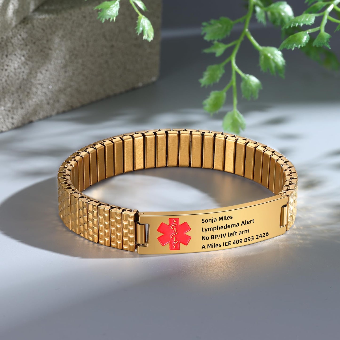 Personalized Medical ID Bracelets for Men - Custom Emergency Alert Bracelet for Women Engraved Medic Info Elastic Stainless Steel Bracelets for Family Autism Allergy Diabetic Epilepsy (Gold, 21.5cm)