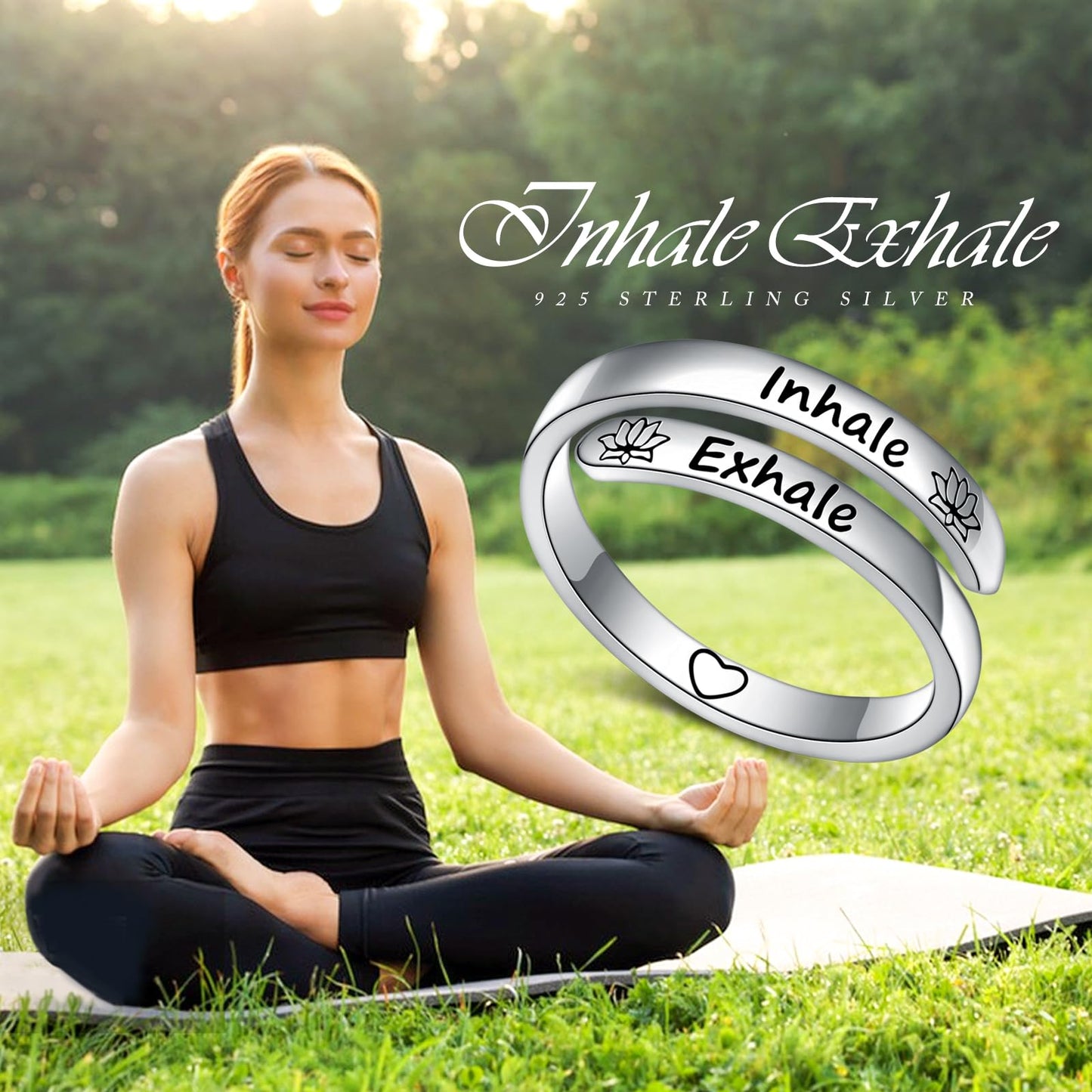 Ladytree Adjustable Inspirational Rings 925 Sterling Silver Yoga Lotus Flower Stacking Wrap Spiral Twist Statement Band Encouragement Hope Ring Jewelry for Women Men(Inhale Exhale)
