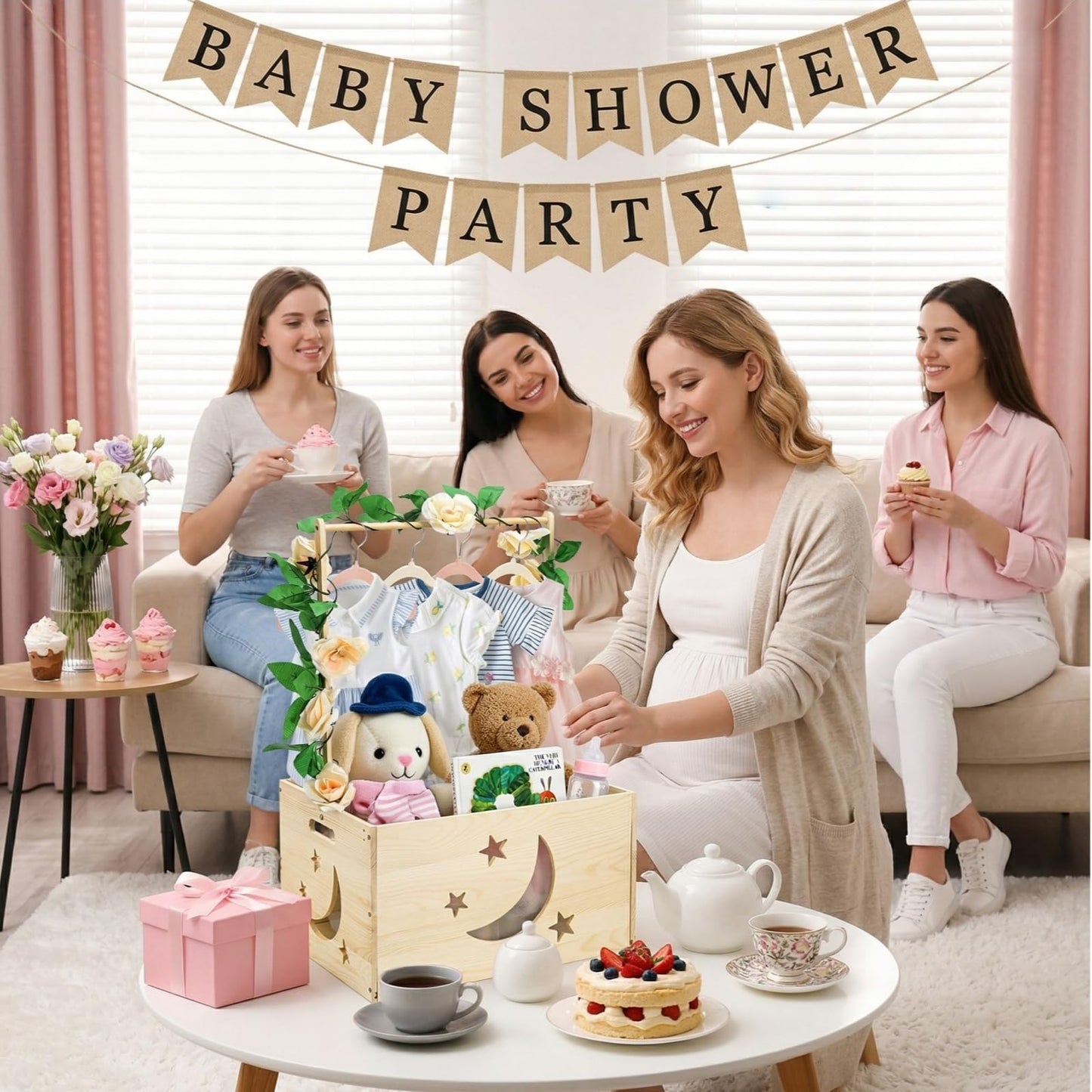 Jowgut Wooden Baby Shower Crate Closet, Large Capacity Toy Storage Basket with Handle Hanger Garland, Easy Assembly Storage Nursery Crate Hamper Personalized Gift Basket for New Parents