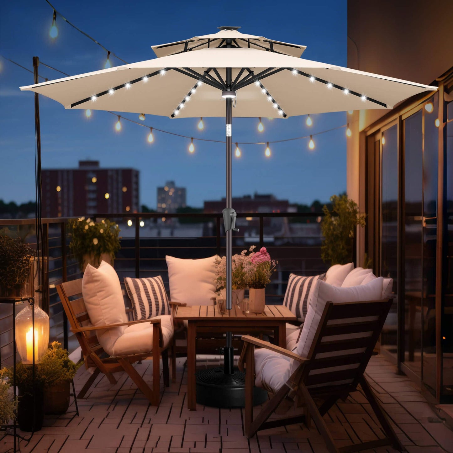 FLAME&SHADE 2 Tiers 9ft Solar Light Patio Umbrella, 40 LED lights outdoor umbrella with Centre Surround Light, Table Market Umbrella for Deck, Pool, Porch, Backyard, Garden (Beige)
