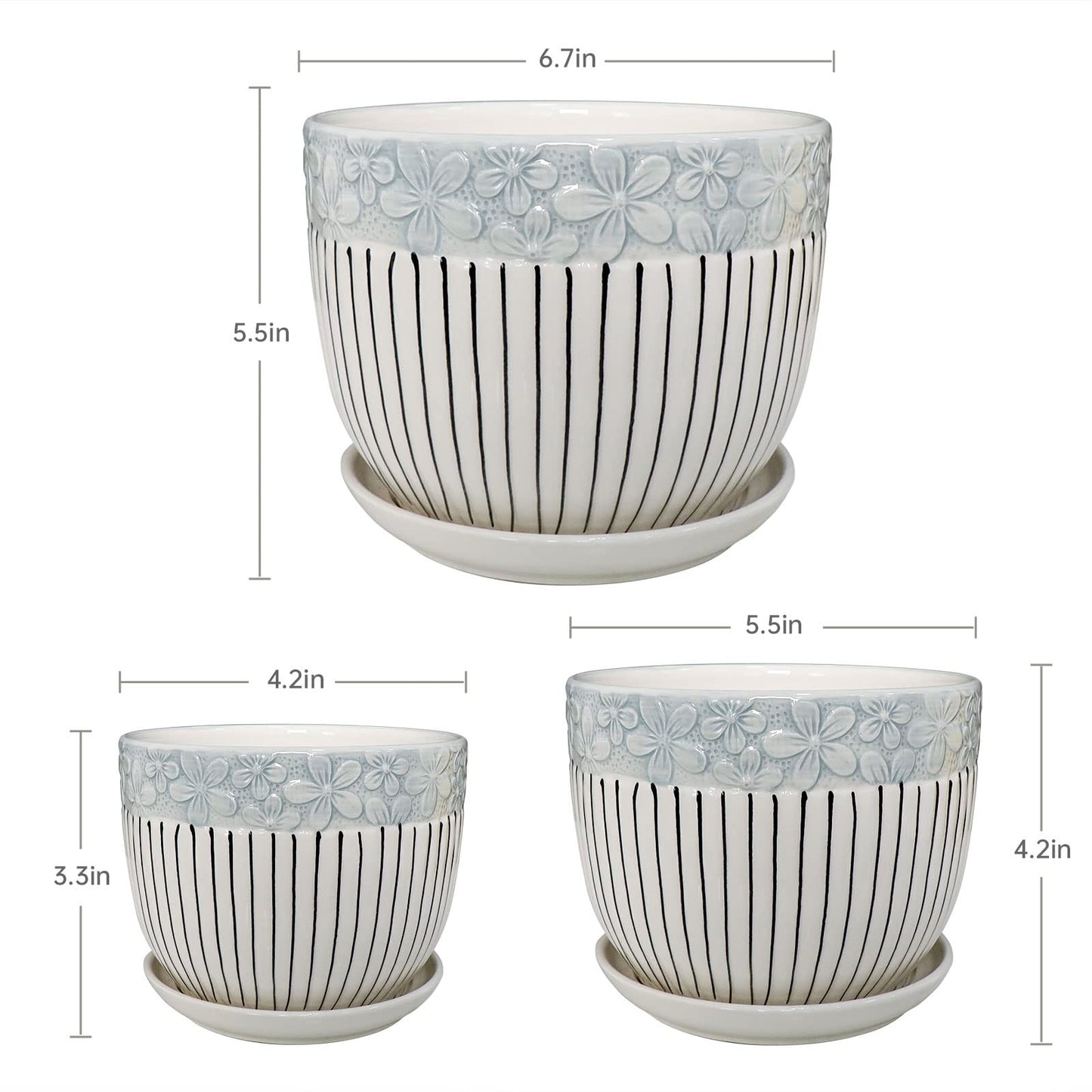 Ton Sin Grey Flower Pots,Texture Planter for Indoor Plants Set of 3 Ceramic Flower Pots with Saucer,Cute Garden Pots Succulent Pots（3 Pack,Grey
