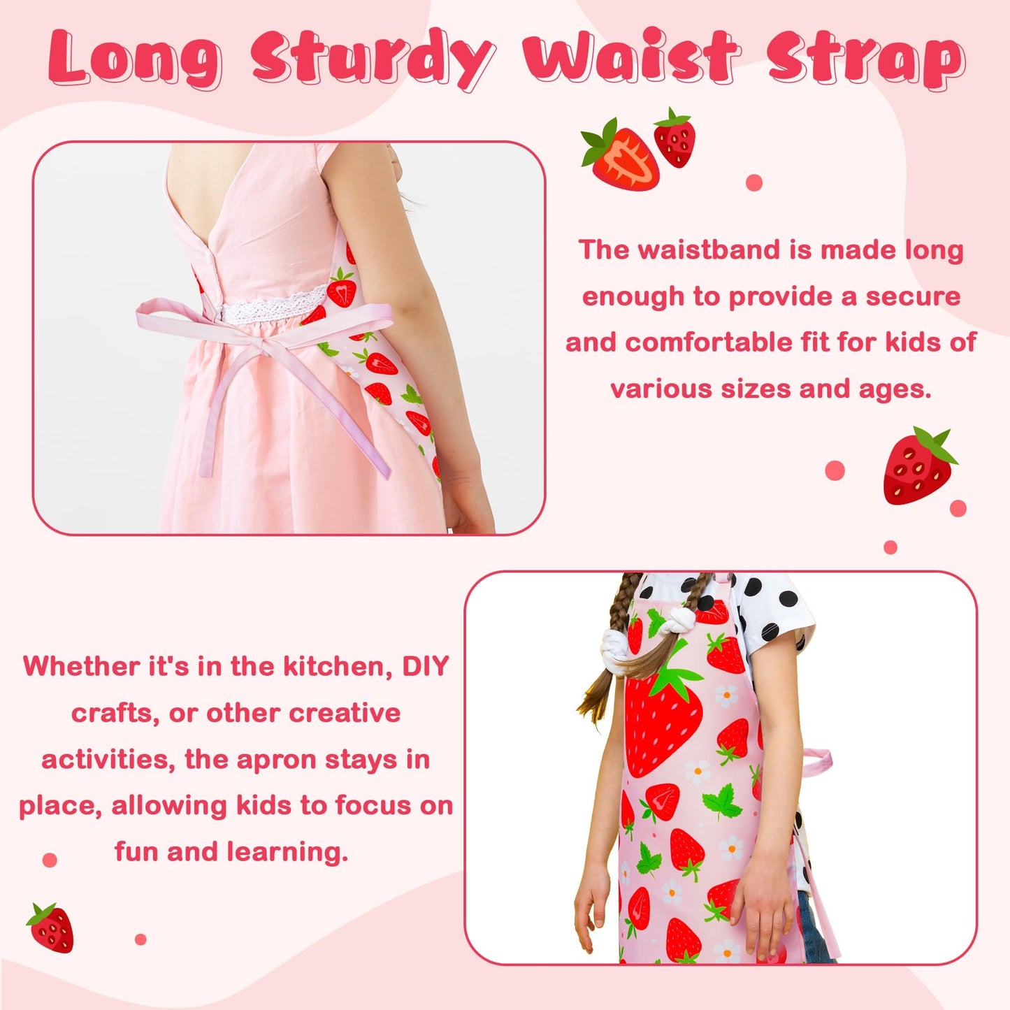 R HORSE Kid Apron and Chef Hat Set - 2Pcs Strawberry Adjustable Children Kitchen Toddler Apron for Girls Role Play Chef Toy Cooking Gift Birthday Gift for Kids Cooking Baking Painting and Training