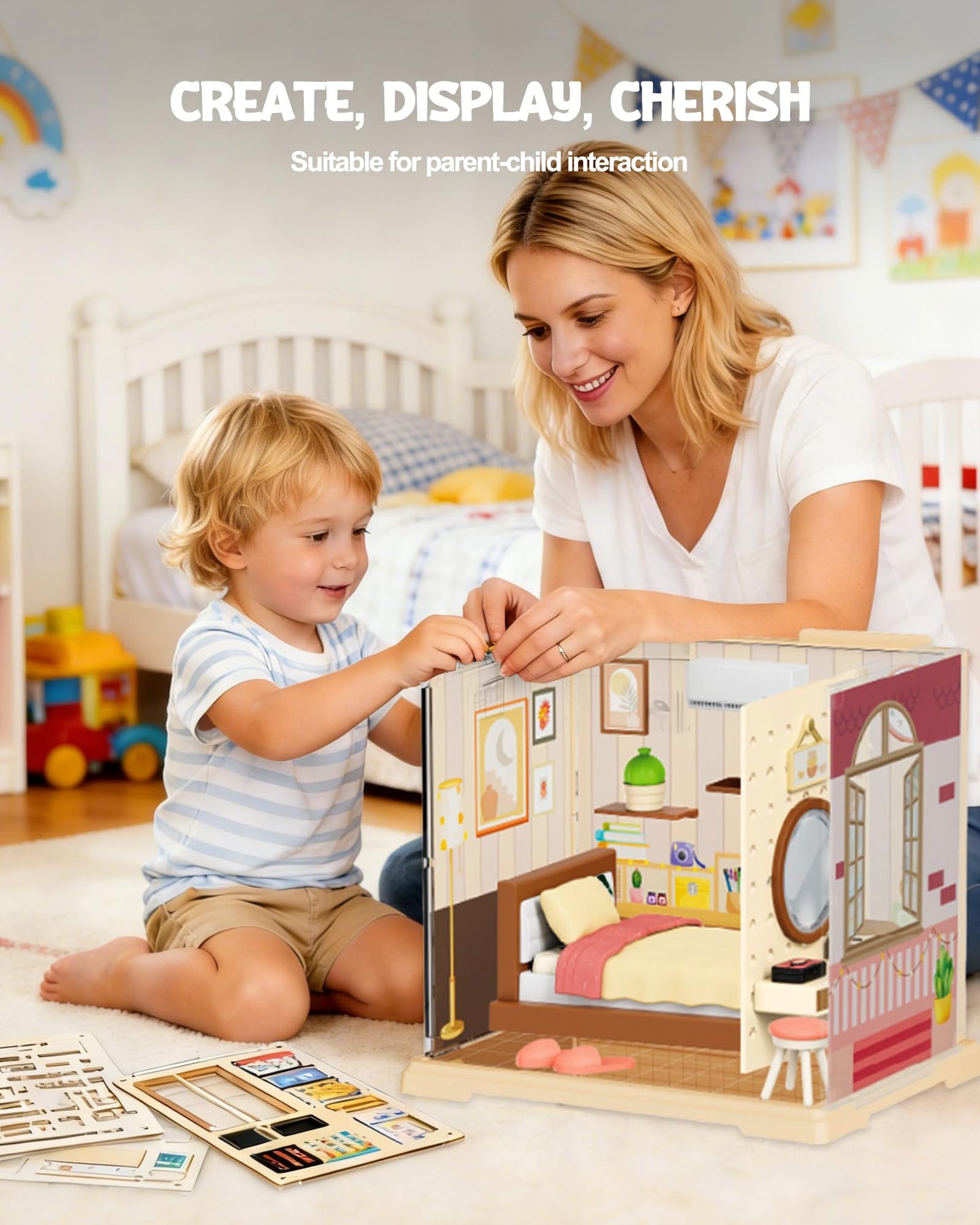 Vodolo DIY Miniature House Kit with Led,Book Nook Kits for Adults Beginners,Book Shelf Decor,3D Puzzle Booknook Craft Kits,Books Lovers Gifts for Women Men Bookshelf Decor,55PCS Living Room