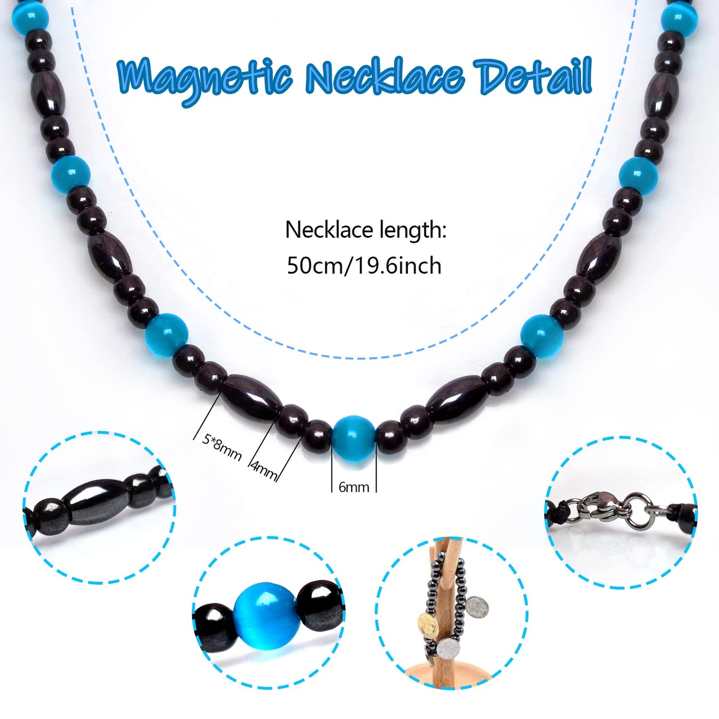 Hion Magnetic Black Obsidian & Aquamarine Necklace for Women Men, Natural Wellness Jewelry for Daily Comfort & Relaxation