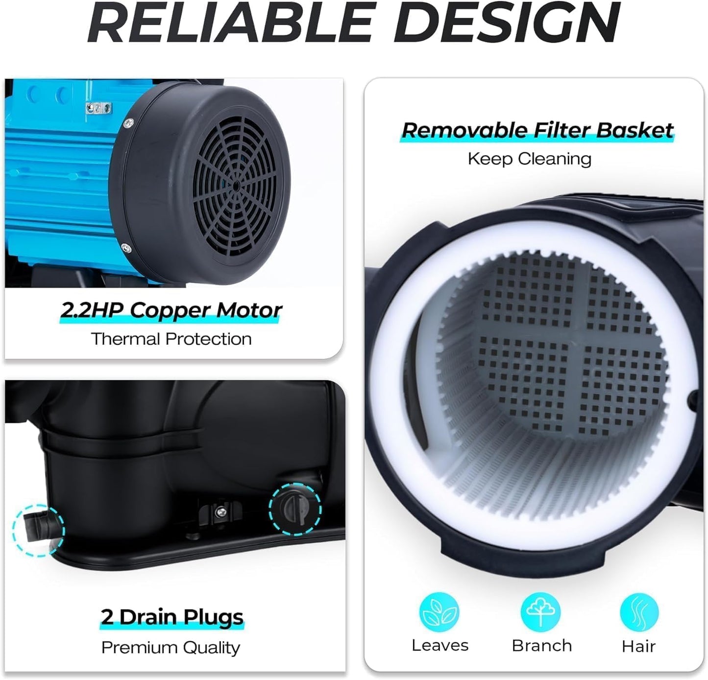 BOMGIE In/Above Ground Pool Pump, High Flow Powerful Self Priming Pool Pump, 2.2HP 6950 GPH 220V