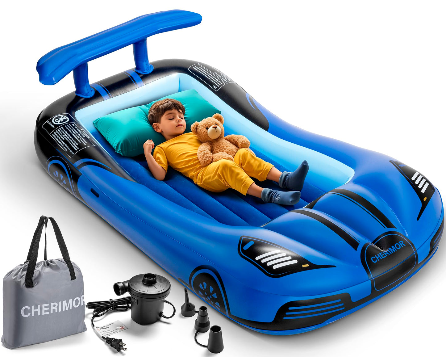 CHERIMOR Inflatable Toddler Travel Bed with Safety Bumpers & 2 Mins Auto Inflation Pump, Portable Toddler Kids Air Mattress with Carry Bag for Home Grandma's Sleepovers Travel Camping, 330lbs Support