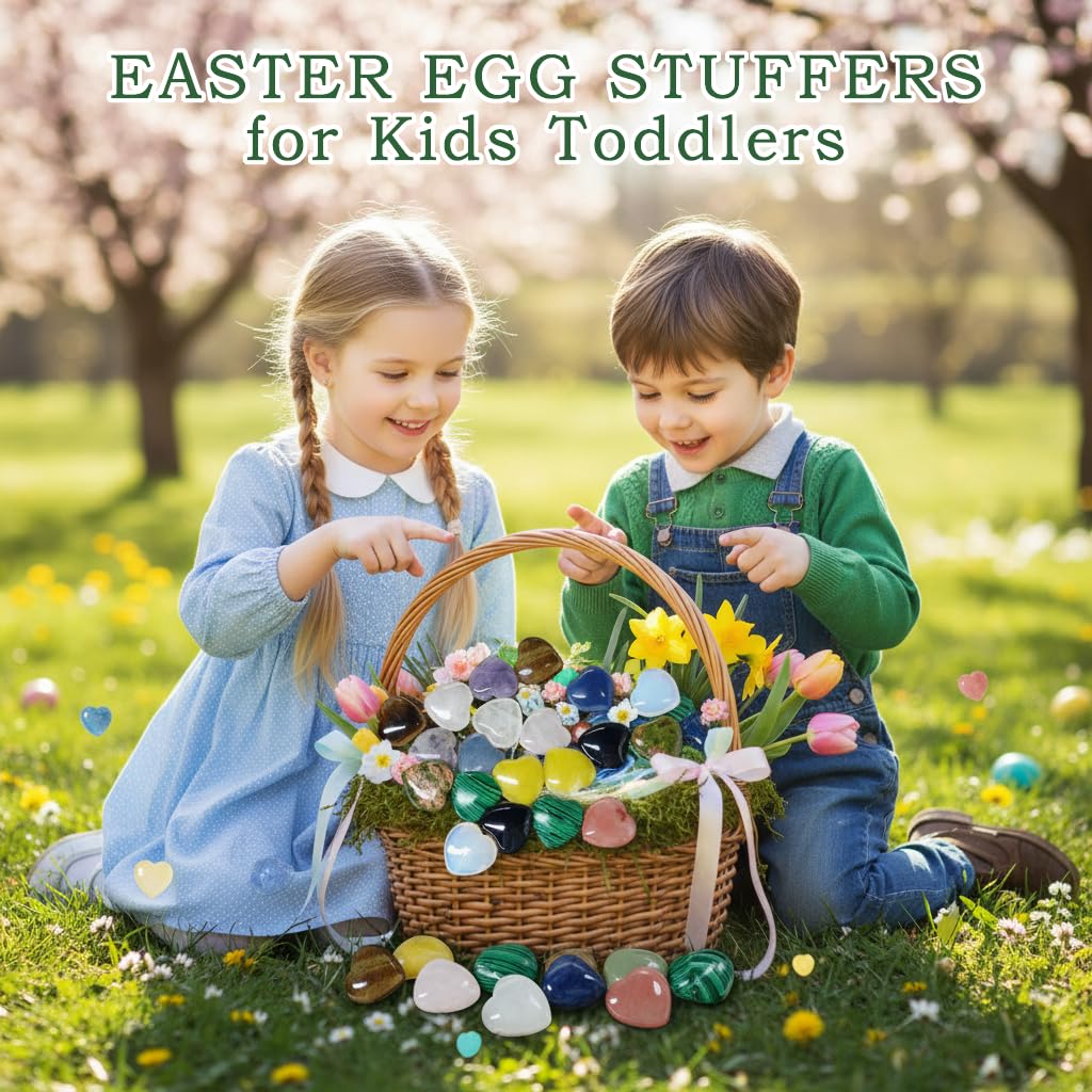 24 Packs Easter Egg Stuffers Crystals and Healing Stones with Heart Cards Classroom School Party Favors,Easter Gifts for Kids Healing Crystals Rock Gift Exchange Bulk Easter Basket Stuffers for Teen