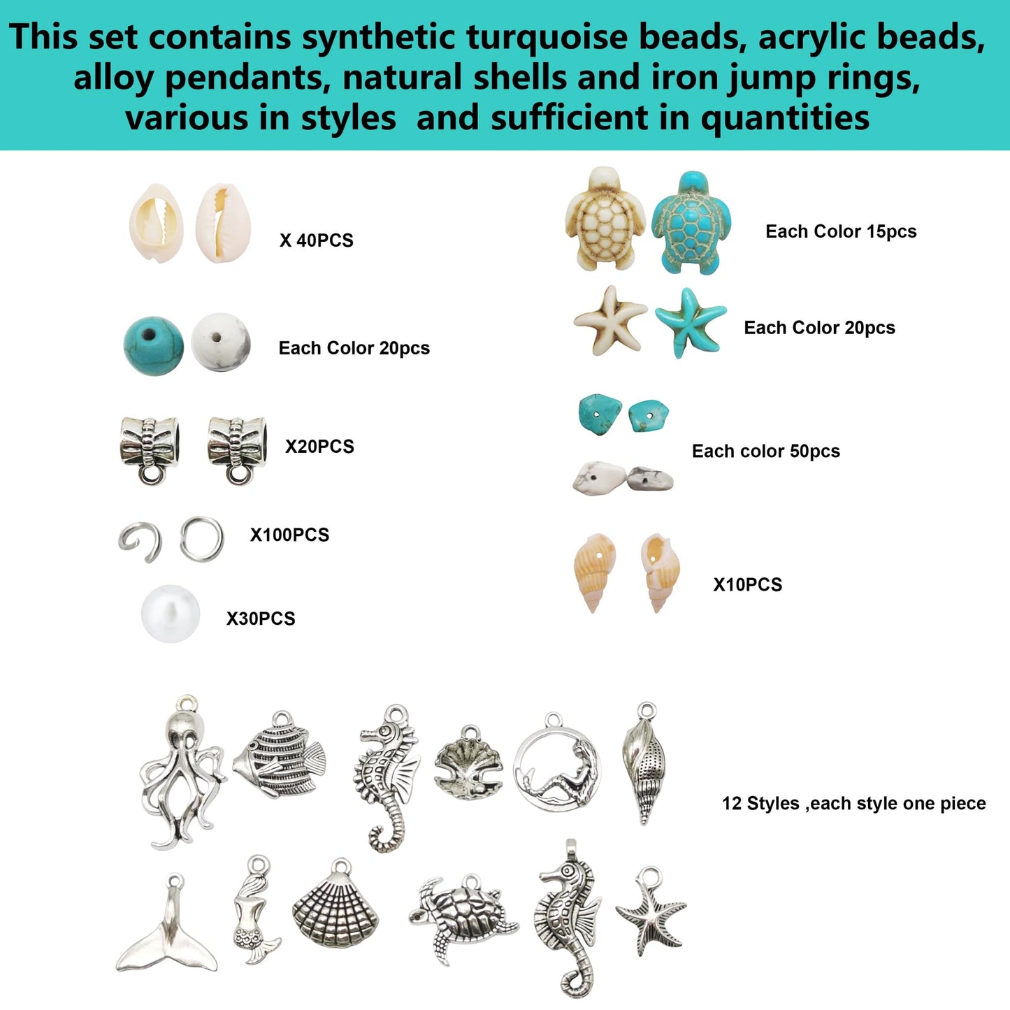 Julie Wang 422PCS Mixed Beach Ocean Jewelry Making Kit, Man-made Turquoise Starfish Turtle Beads Charm & Antique Silver Alloy Sea Animal Pendants, for Bracelet Necklace Earring Craft DIY Supplies