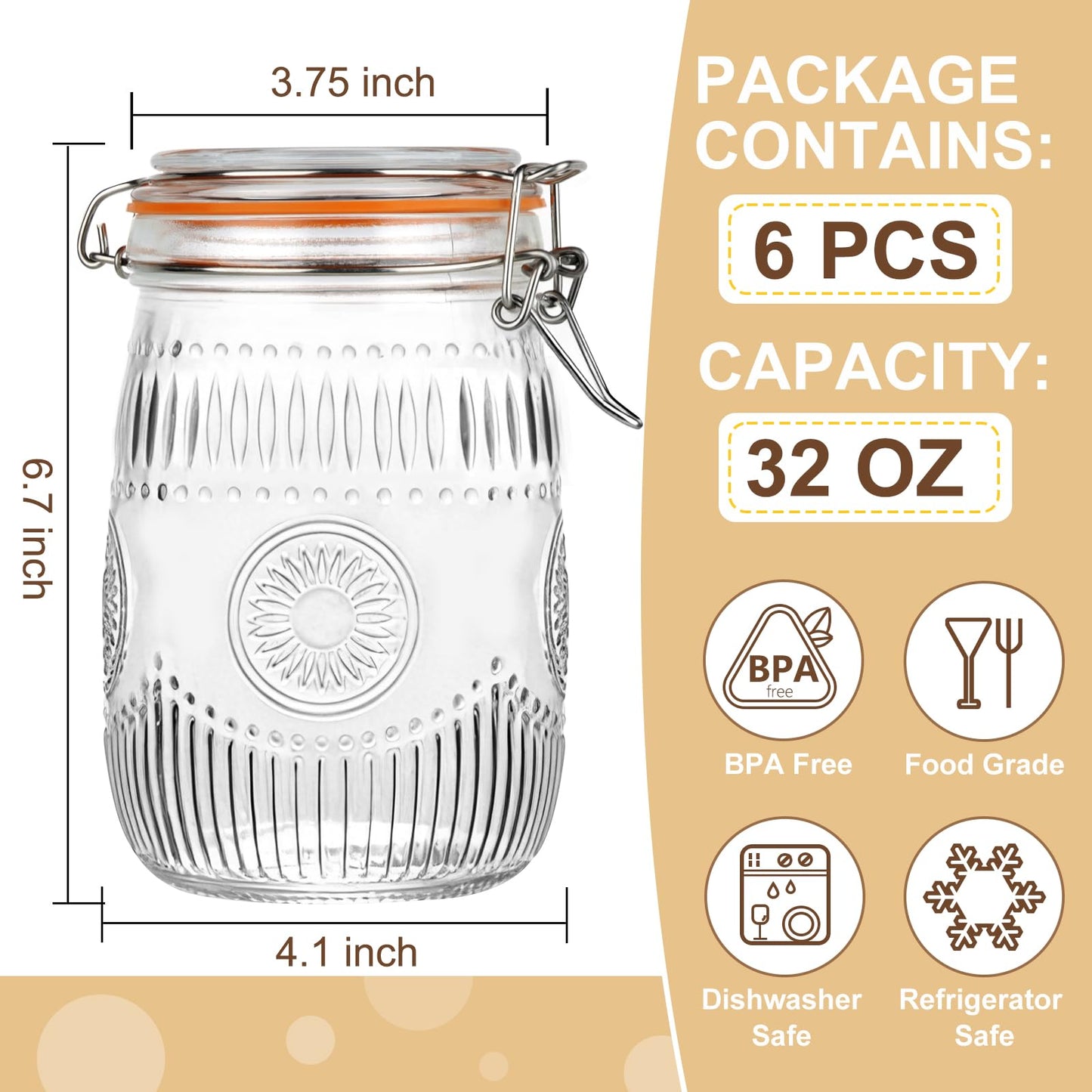 HAYHOI 32oz Mason Jars with Airtight Lids, 6 Pack Wide Mouth Canning Jars with Clamp Lid, Quart Glass Canisters for Kitchen Storage, Pickling, Coffee, Cereal, Sugar, Flour, Beans