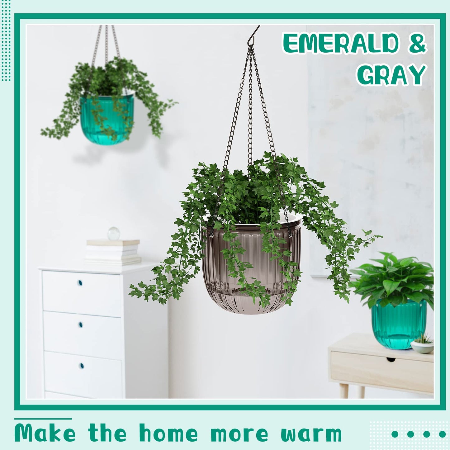 Meanplan 4 Pcs Self Watering Hanging Planter Indoor 6.5 Inch Hanging Baskets for Plants Outdoor Plastic Flower Pot with 3 Hooks Chains Drainage Holes for Garden Home, Medium Size(Emerald, Gray)